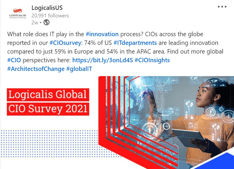 May 2022. A LinkedIn post promoting Logicalis’ CIO Survey, enhanced with eye-catching statistics to generate curiosity in the viewer.