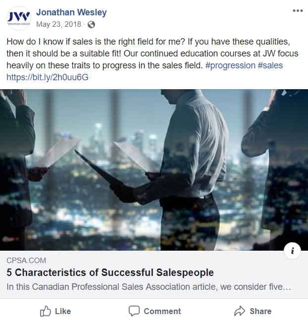 May 2018. Content posted for Jonathan Wesley across all major platforms, kept educational content sales-related since it was a sales firm.