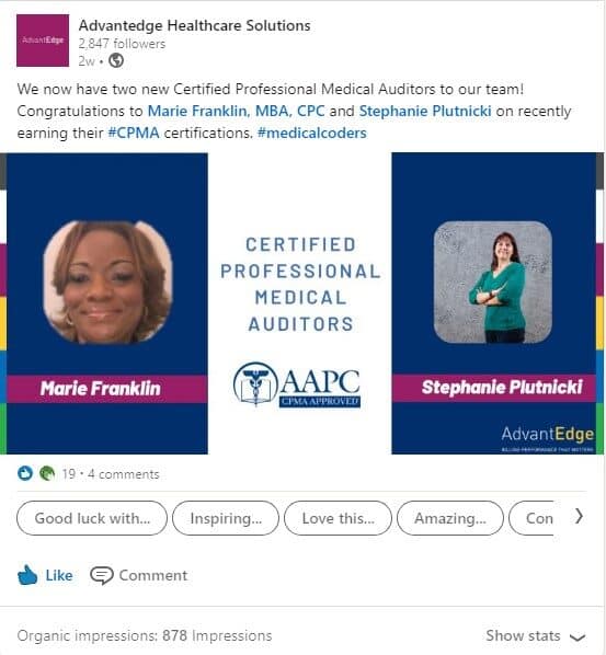 December 2020. A LinkedIn post congratulating two of AdvantEdge's employees, reinforcing a motivating work culture through recognition of success.