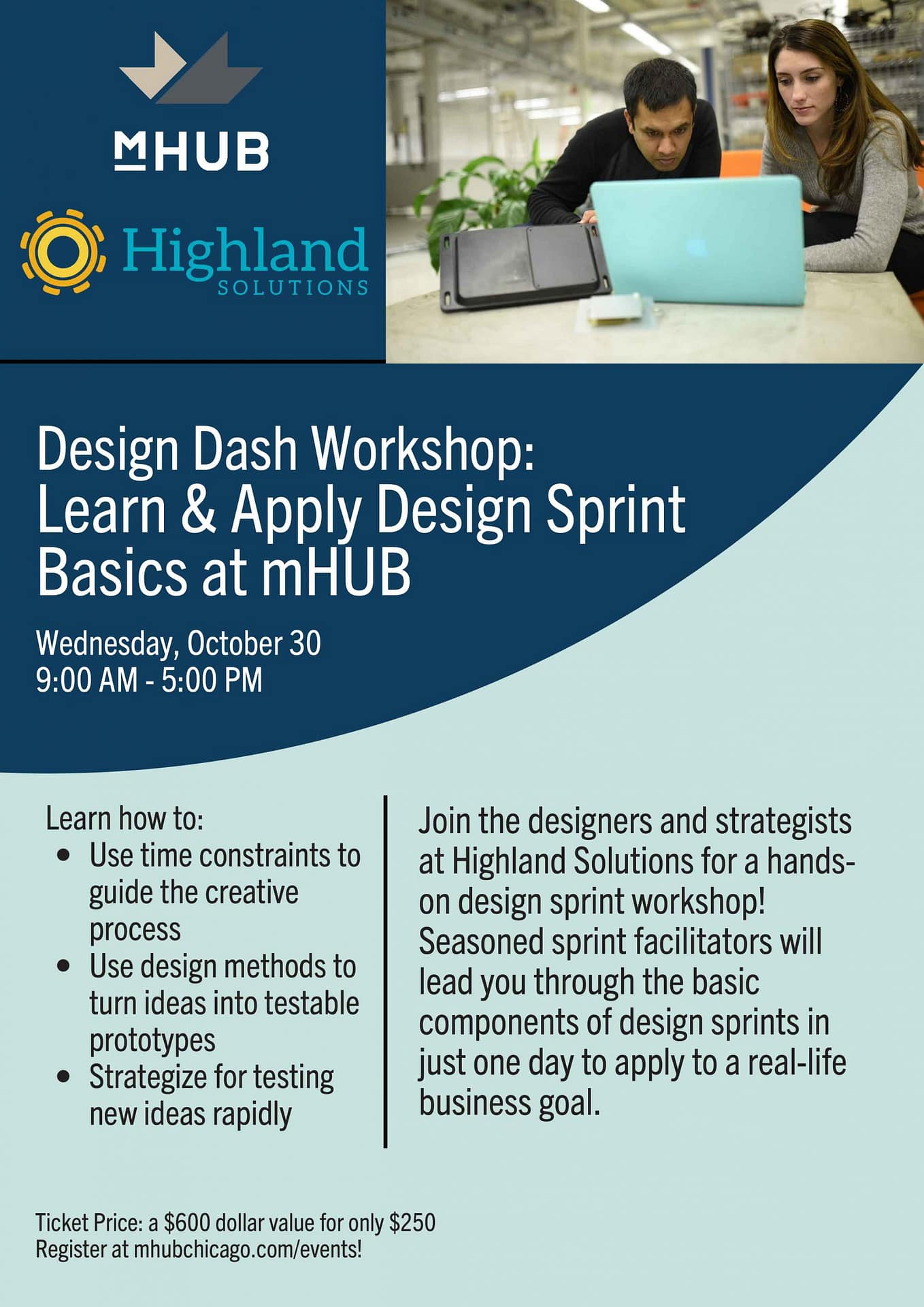 October 2019. mHUB and Highland Solutions had a design sprint workshop. Price comparison included to spark interest in value-oriented, start-up companies.​